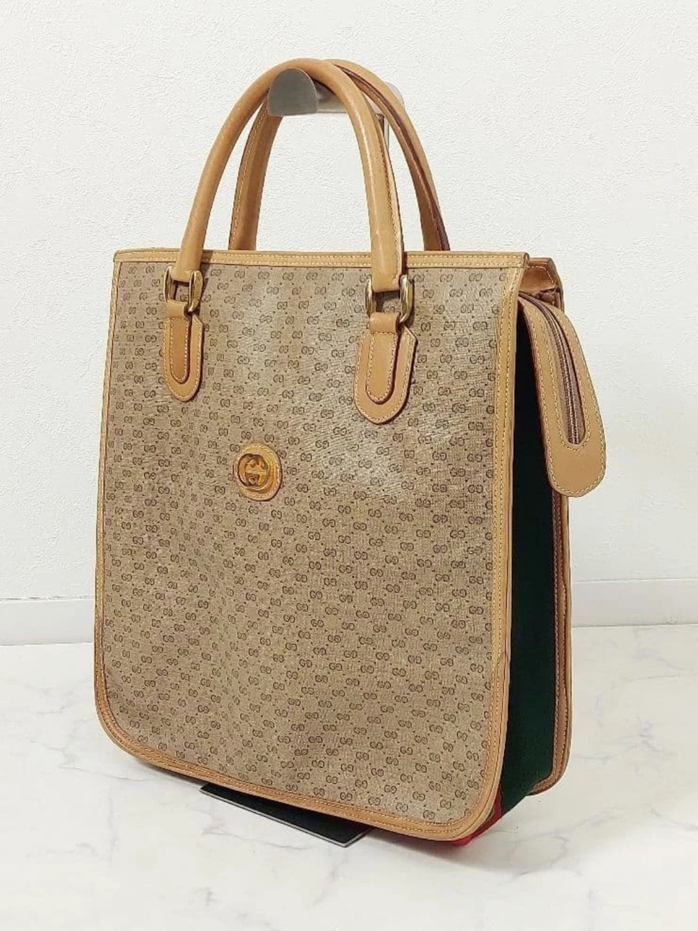 Gucci Beige Monogram Satchel with Tan Leather Trim
